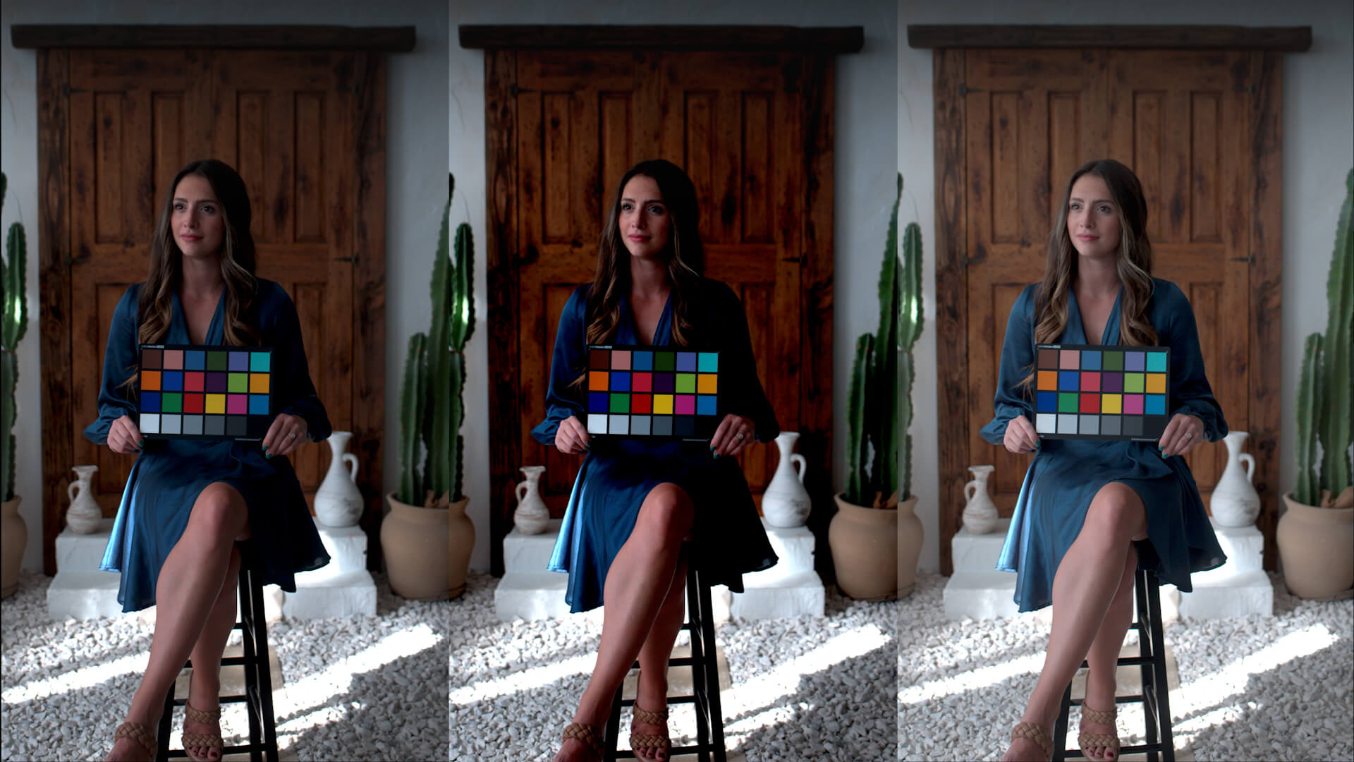 Side by side comparison of three video colour spaces, within the video a woman is sat holding a colour chart.
